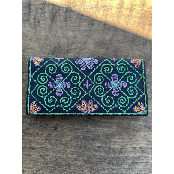 Handbags - Embroidered Boho Wallet Clutch Black Floral Folk Art Colorful Zip Pocket